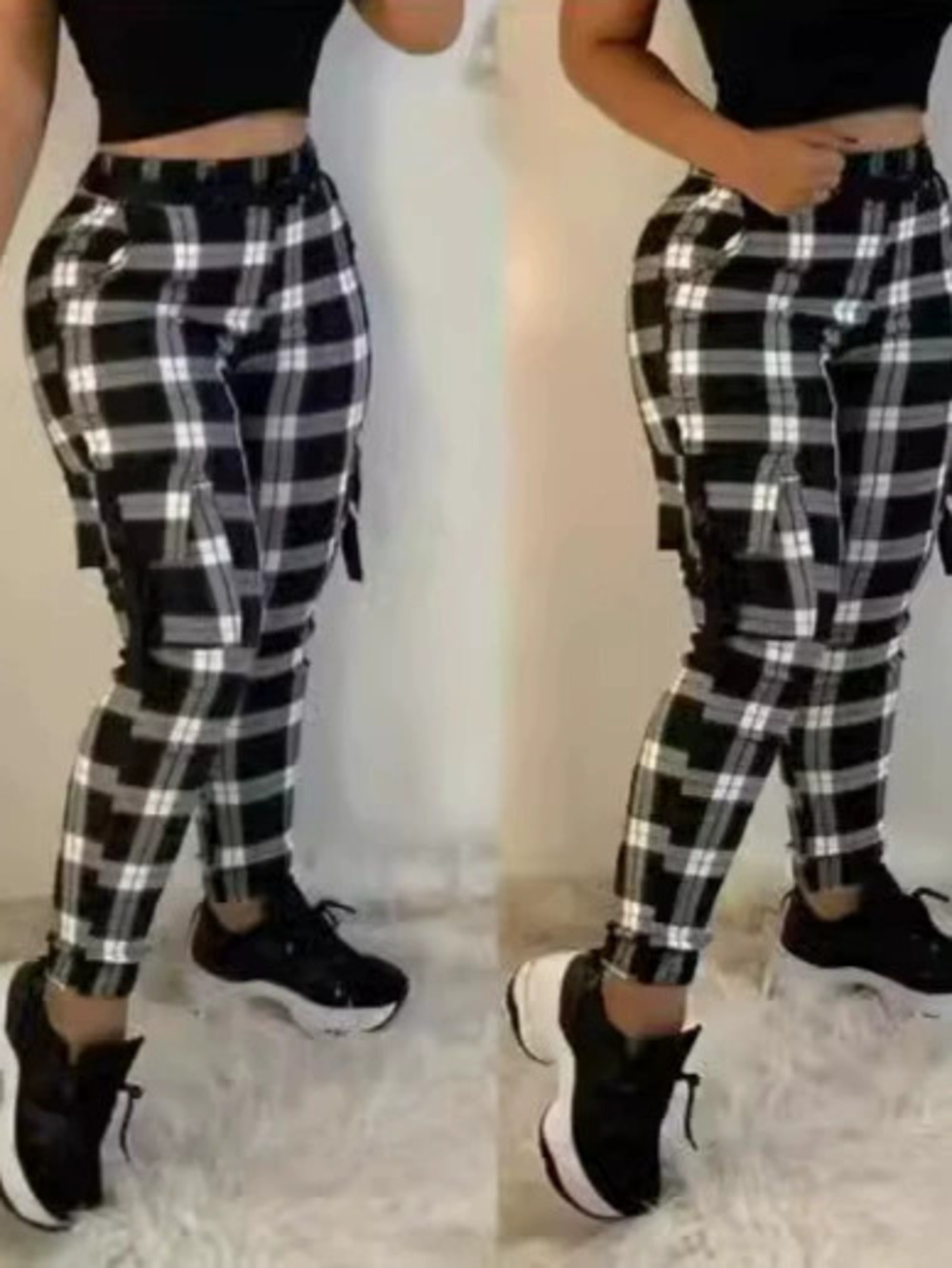 ZARA Trendy Black Plaid Slim Fit Tapered Cargo Pants Comfortable Casual